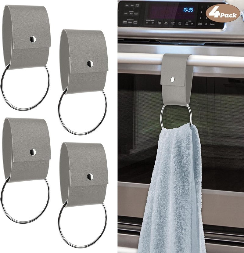 MISAKTEAM 4 PCS Leather & Metal Towel Ring Holder for Kitchen Dish Towels Holder with Loop Oven Door Hanger Gifts for Farmhouse Home Decor(Grey) - Image 1